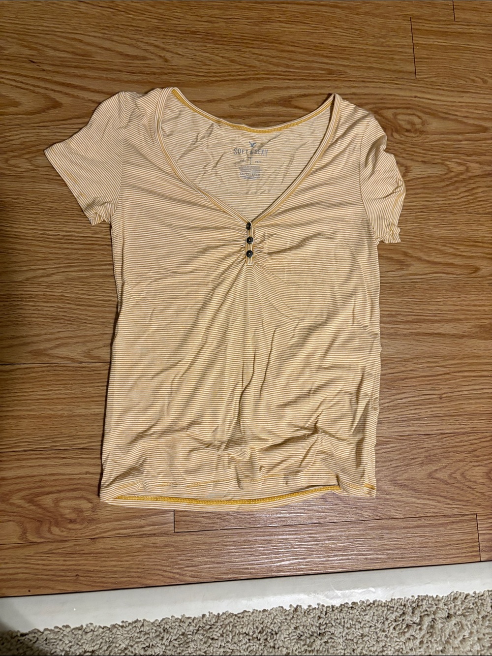 American Eagle Outfitters Yellow Striped V‑Neck Tee with Button Detail